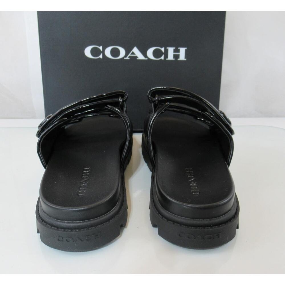 Coach Size 8 Sculpted C Leather Double Strap Band Slide Sandals Flat Heel Black - Picture 5 of 8